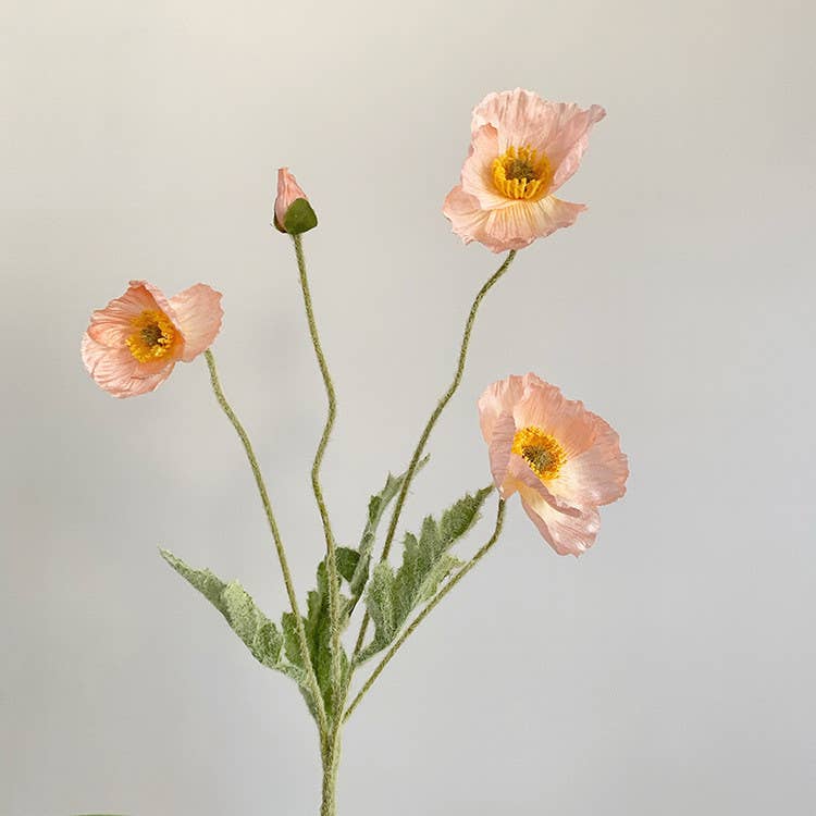 22'' Single Flocked Floral Poppy Spay, Colorful Silk Poppies: White