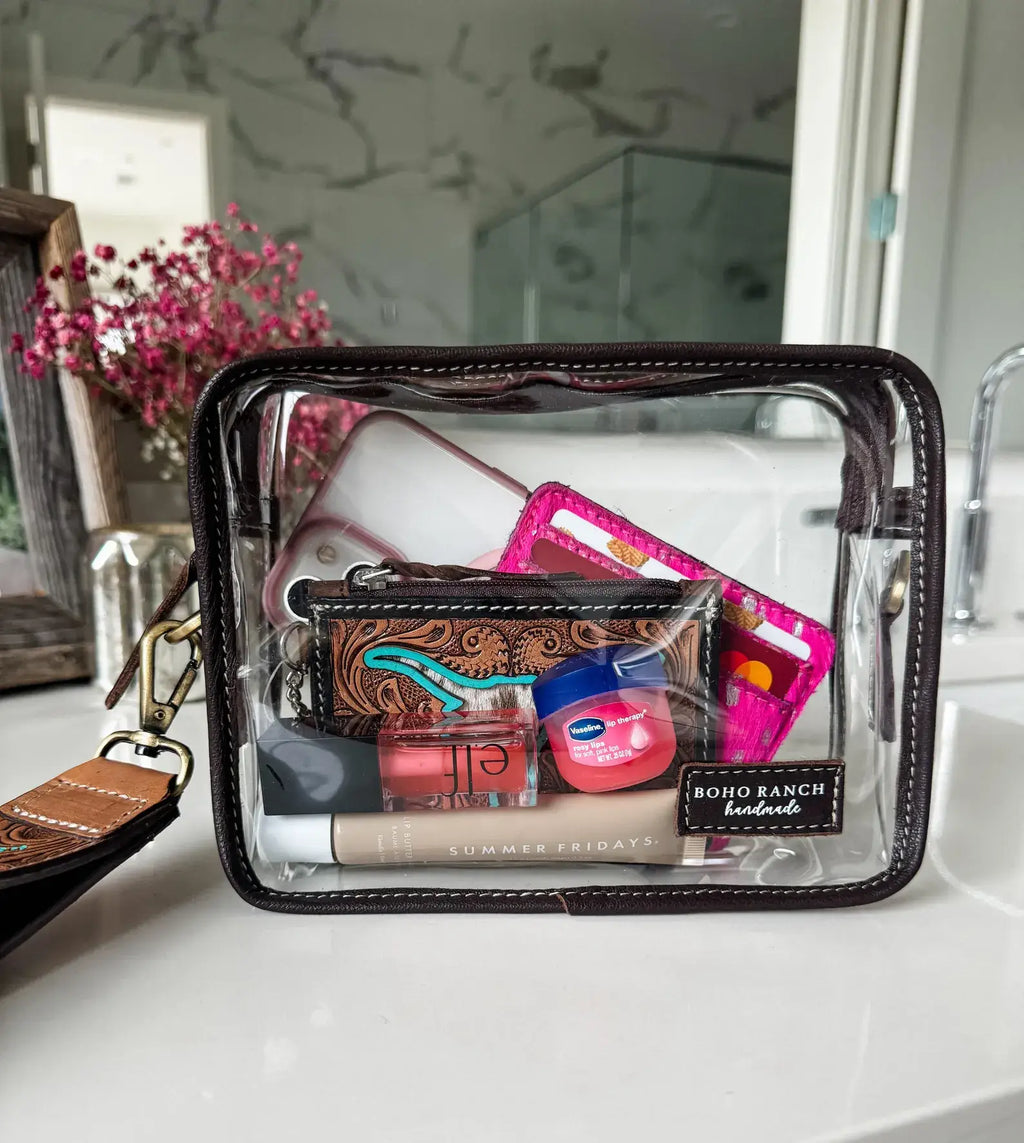 DARLA CLEAR WRISTLET | transparent western purse - game day : BROWN