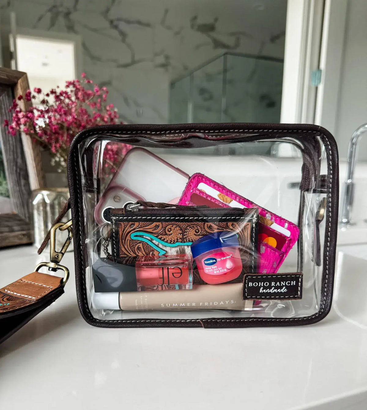 DARLA CLEAR WRISTLET | transparent western purse - game day : BROWN