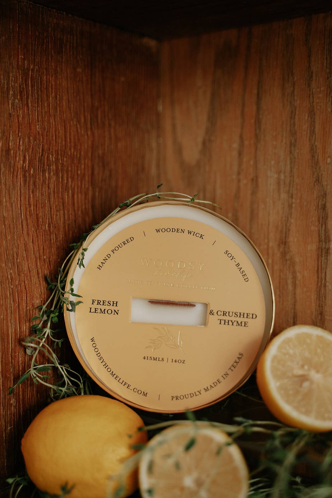 Fresh Lemon & Crushed Thyme-Solid Brass 14oz Pure Soy Candle