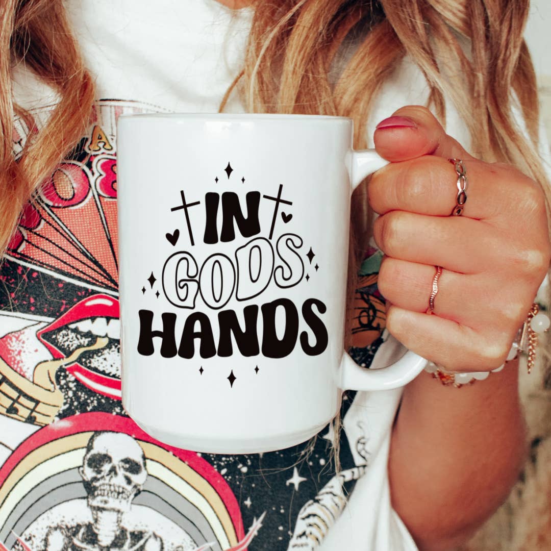 15oz In God's hands ceramic coffee mug, Christian gift