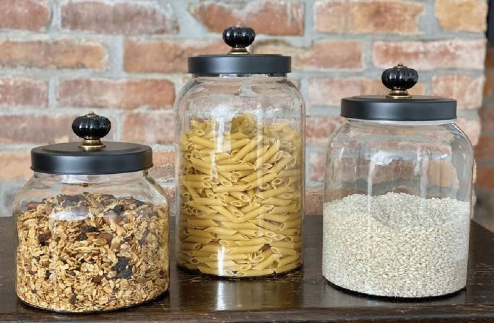 Black Lidded Glass Canisters – 3-Piece Kitchen Set