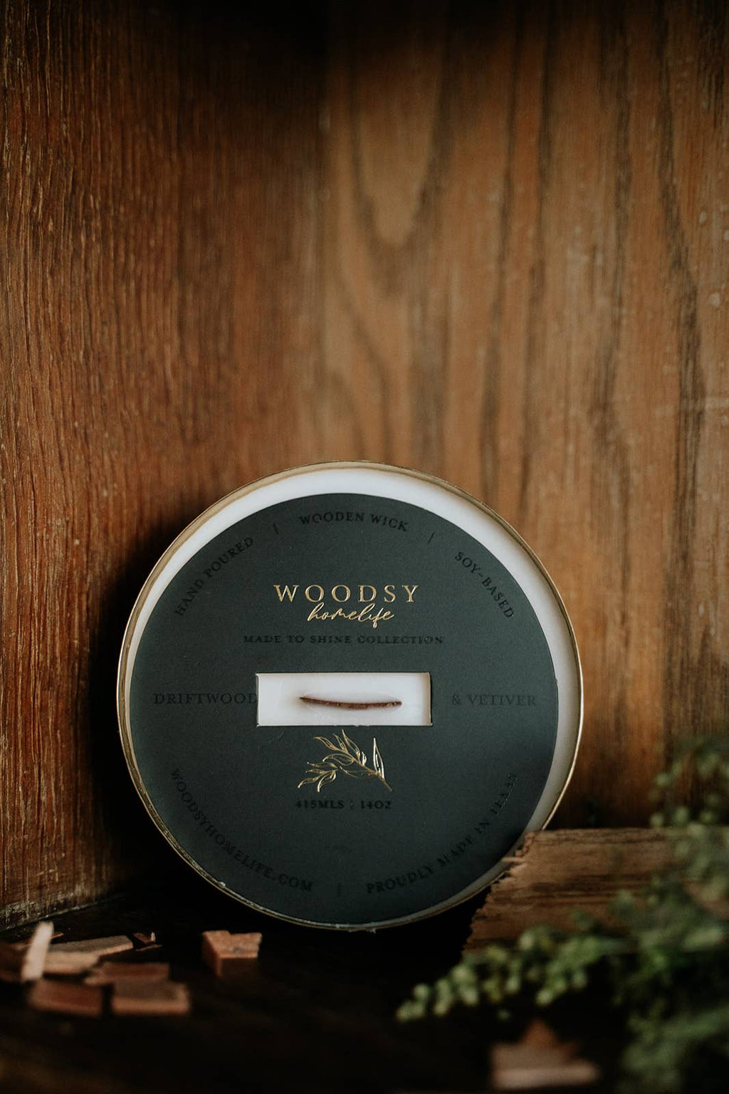 Driftwood & Vetiver-Solid Brass 14oz Pure Soy Candle