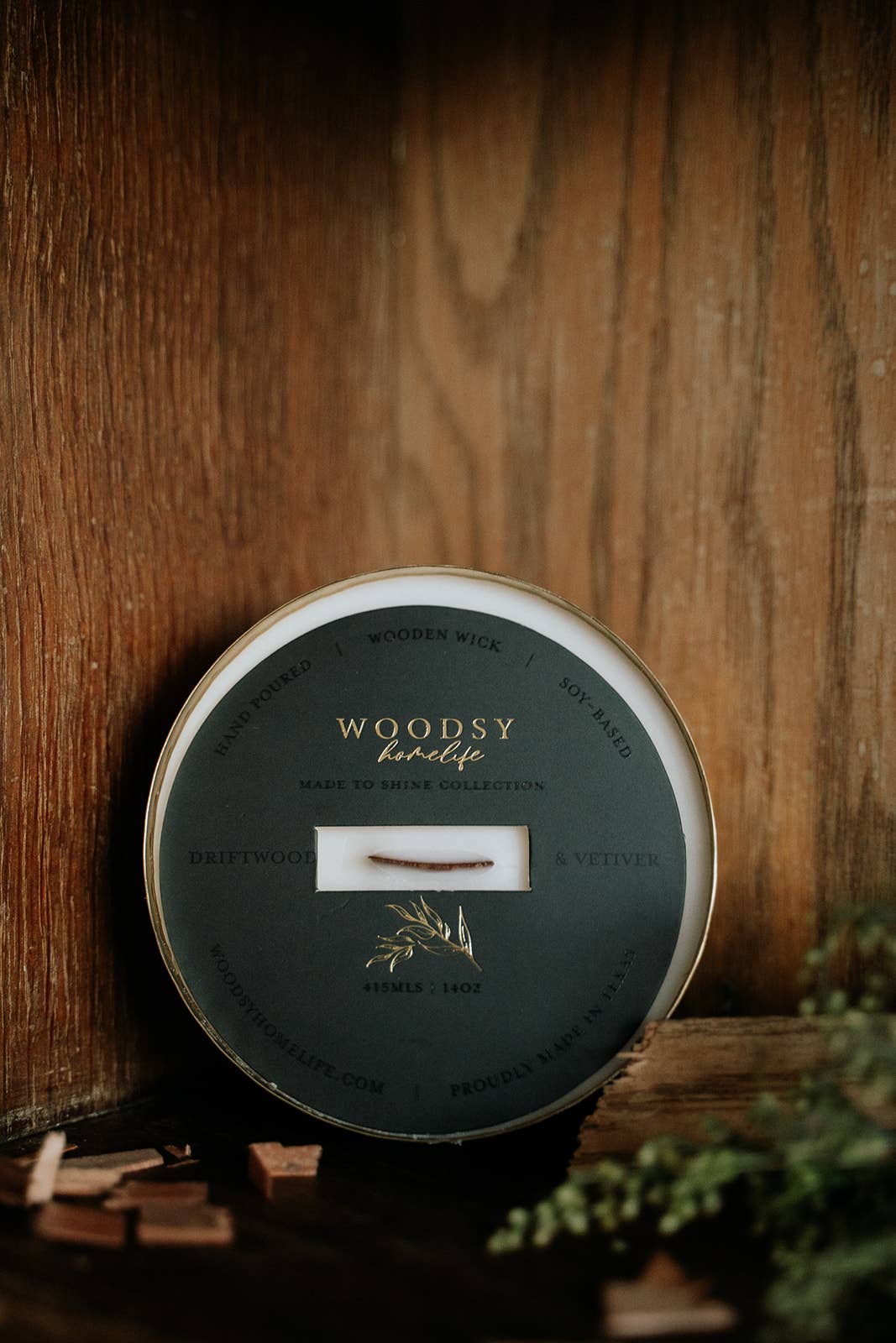 Driftwood & Vetiver-Solid Brass 14oz Pure Soy Candle