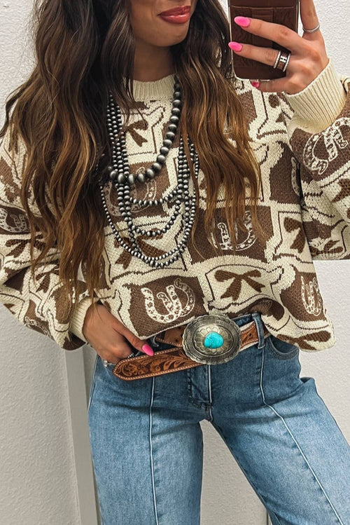 66 Bows Horseshoes Pattern Western Plus Size Sweater (S-4X): Black / S