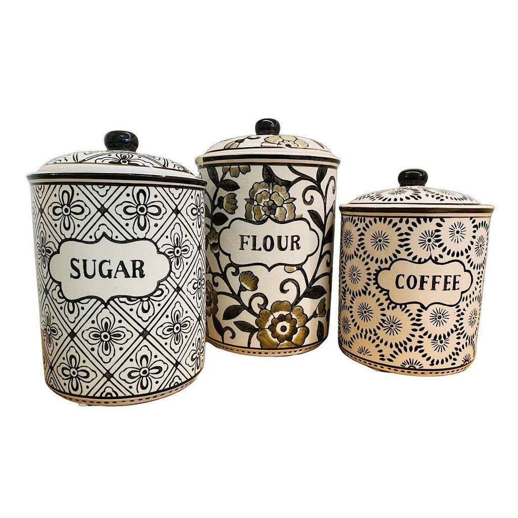 Gray & White Patterned Canister Set – Farmhouse Kitchen