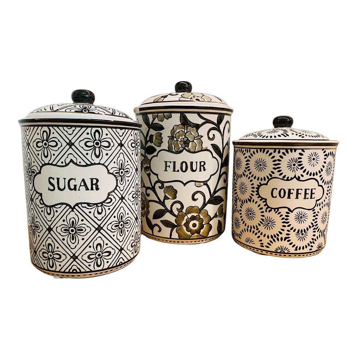 Gray & White Patterned Canister Set – Farmhouse Kitchen