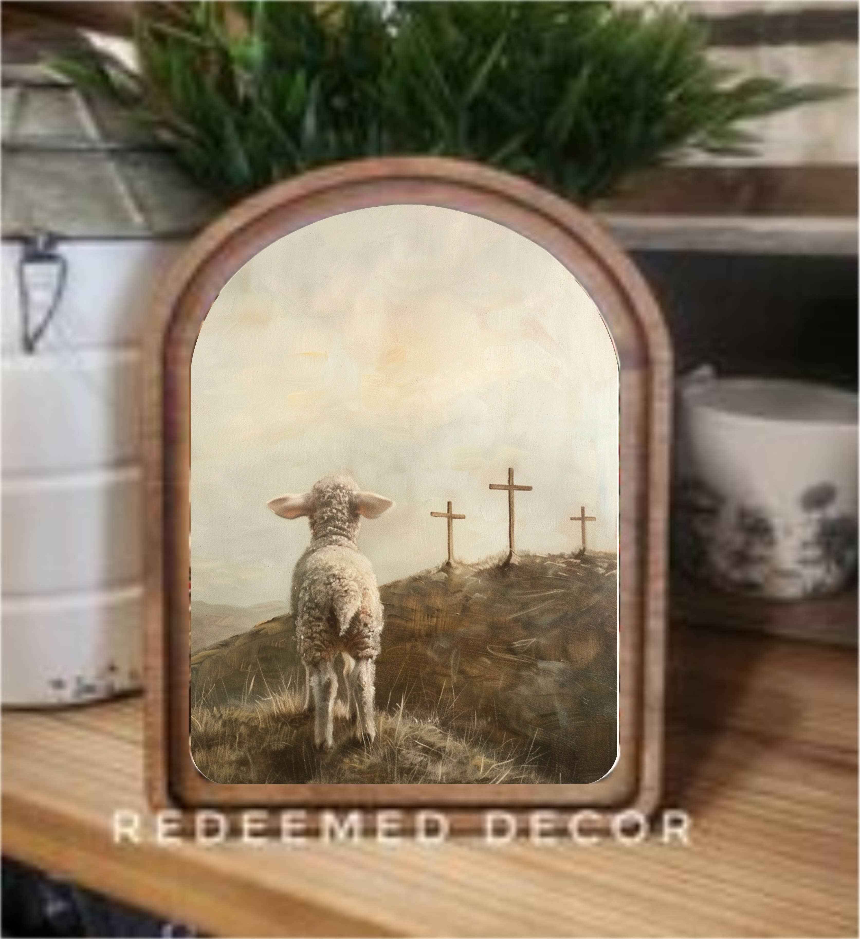 Arch Top 3 Crosses Lamb Framed Art     : 6x8"