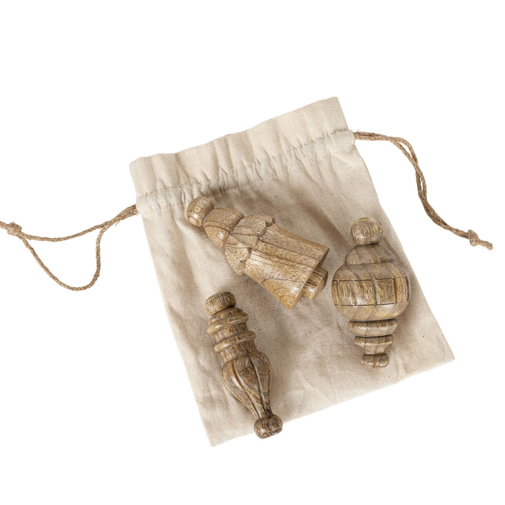 Mallory Set 3 Boho Carved Wood Baubles with Cotton Bag
