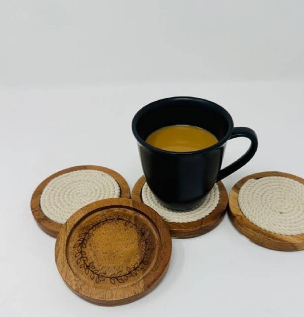 Wooden Coaster Set with Cord – Rustic Tabletop Décor