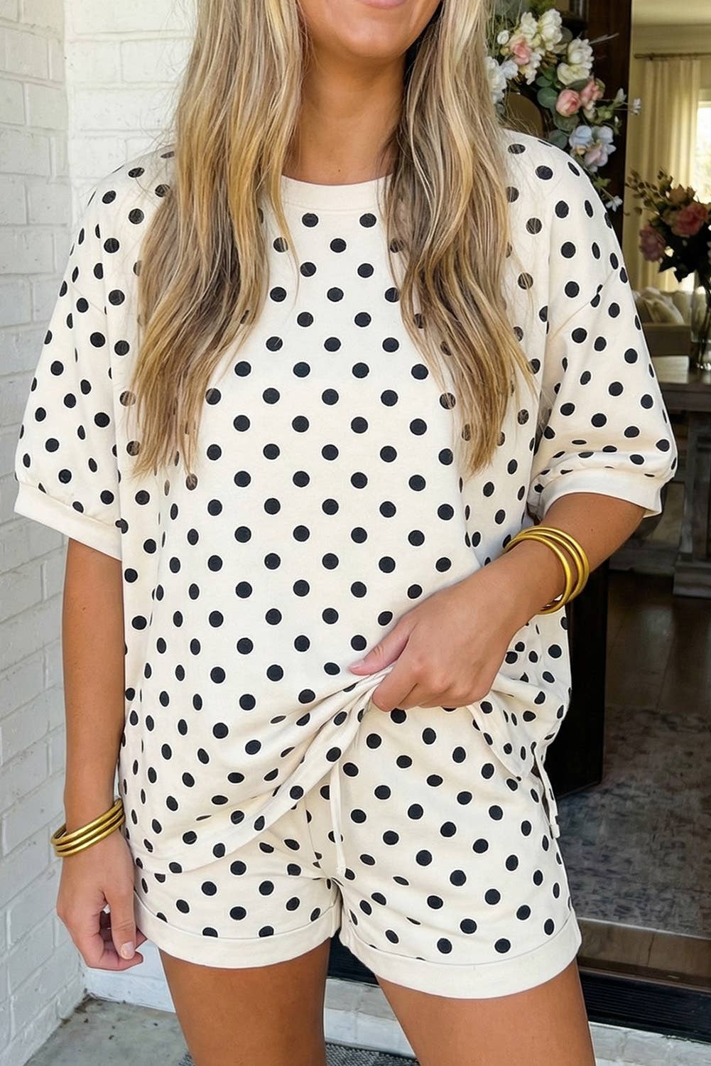 LAS Polka Dot Print Top Drawstring Shorts Set (S-XL): Sky Blue / Missy / L