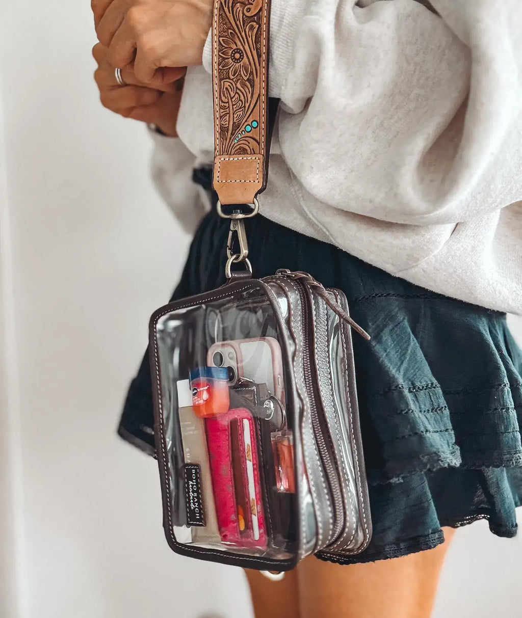 DARLA CLEAR WRISTLET | transparent western purse - game day : BROWN