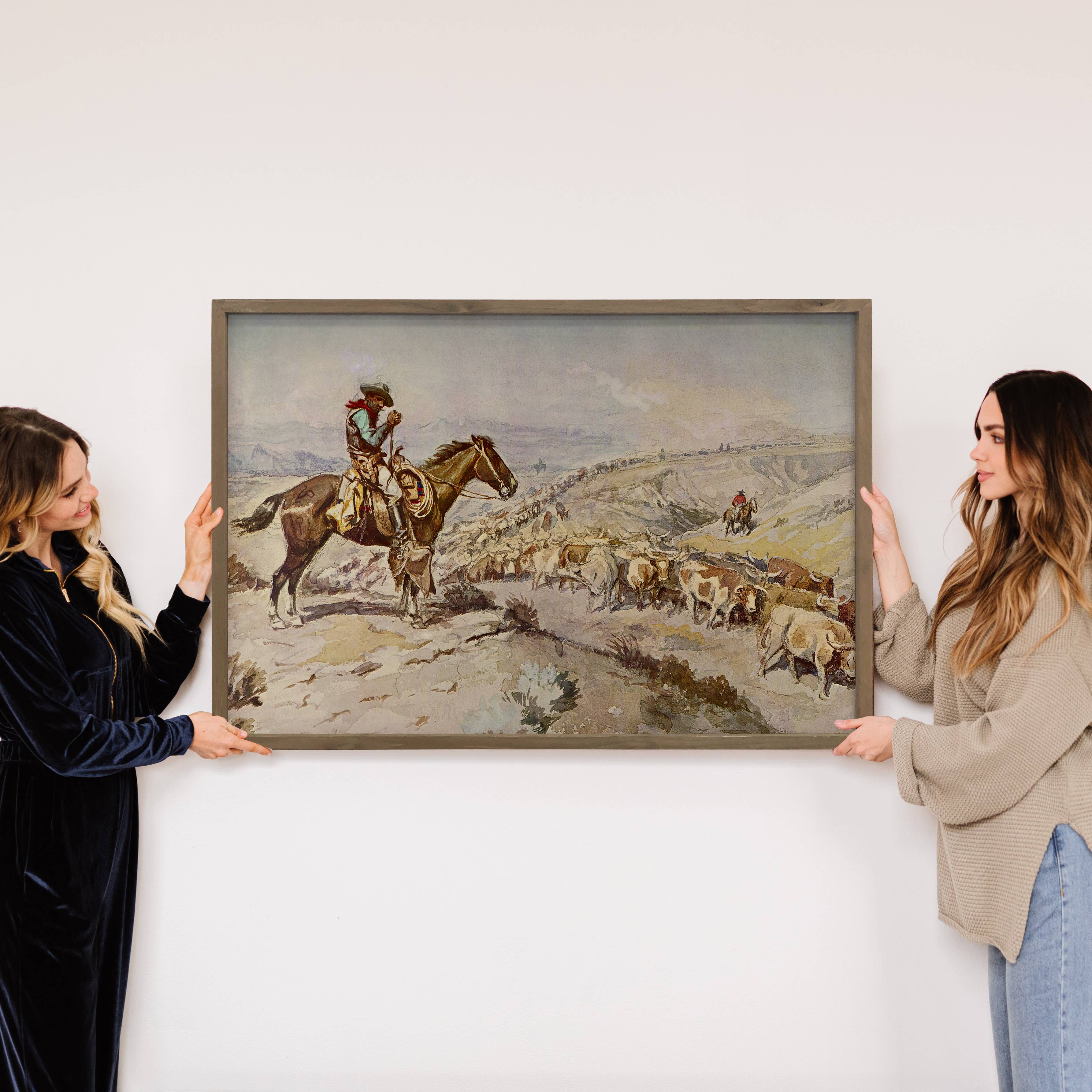 Cowboy Cattle Drive - Ranch House Canvas Art - Wood Framed: 24x36" Extra Large Canvas Art with Thick Wood Frame