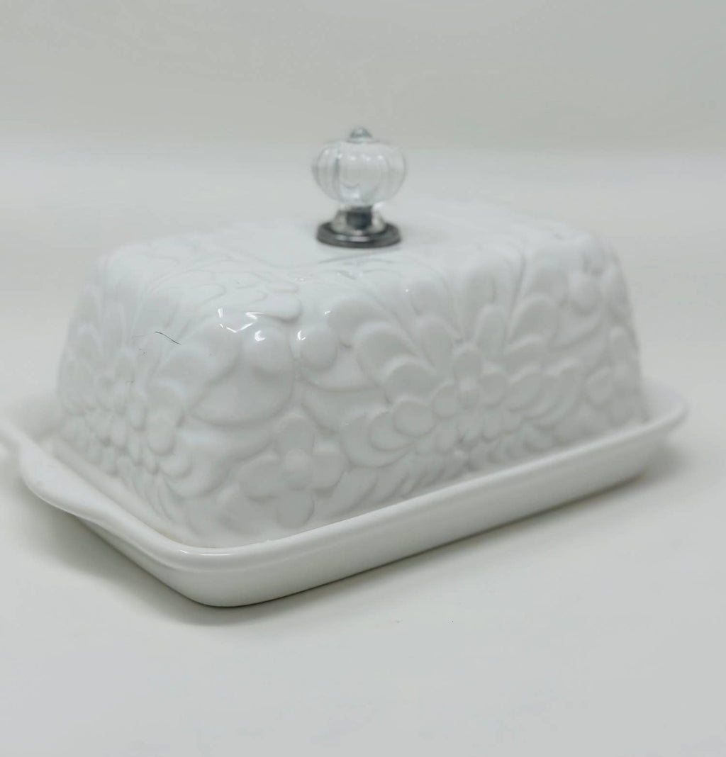 White Floral Butter Dish with Crystal Knob