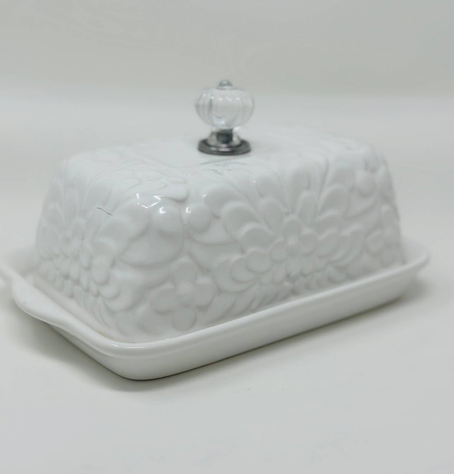 White Floral Butter Dish with Crystal Knob