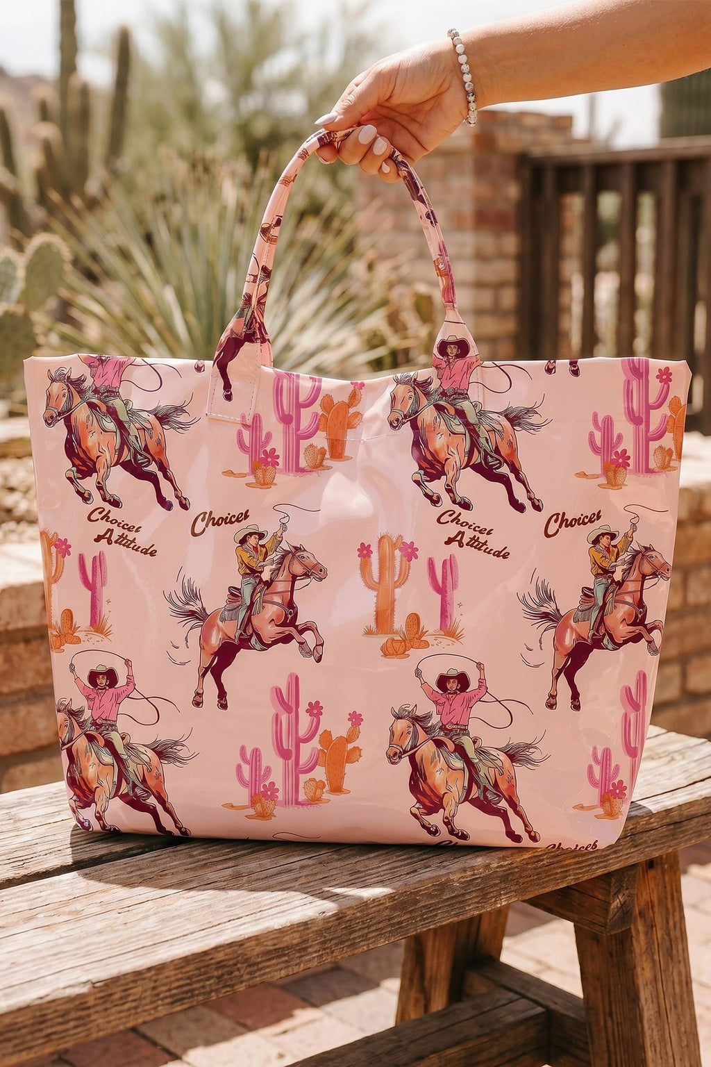 66 Patriotic Stars and Stripes Pattern Vinyl Glossy Tote Bag: Pink / One Size