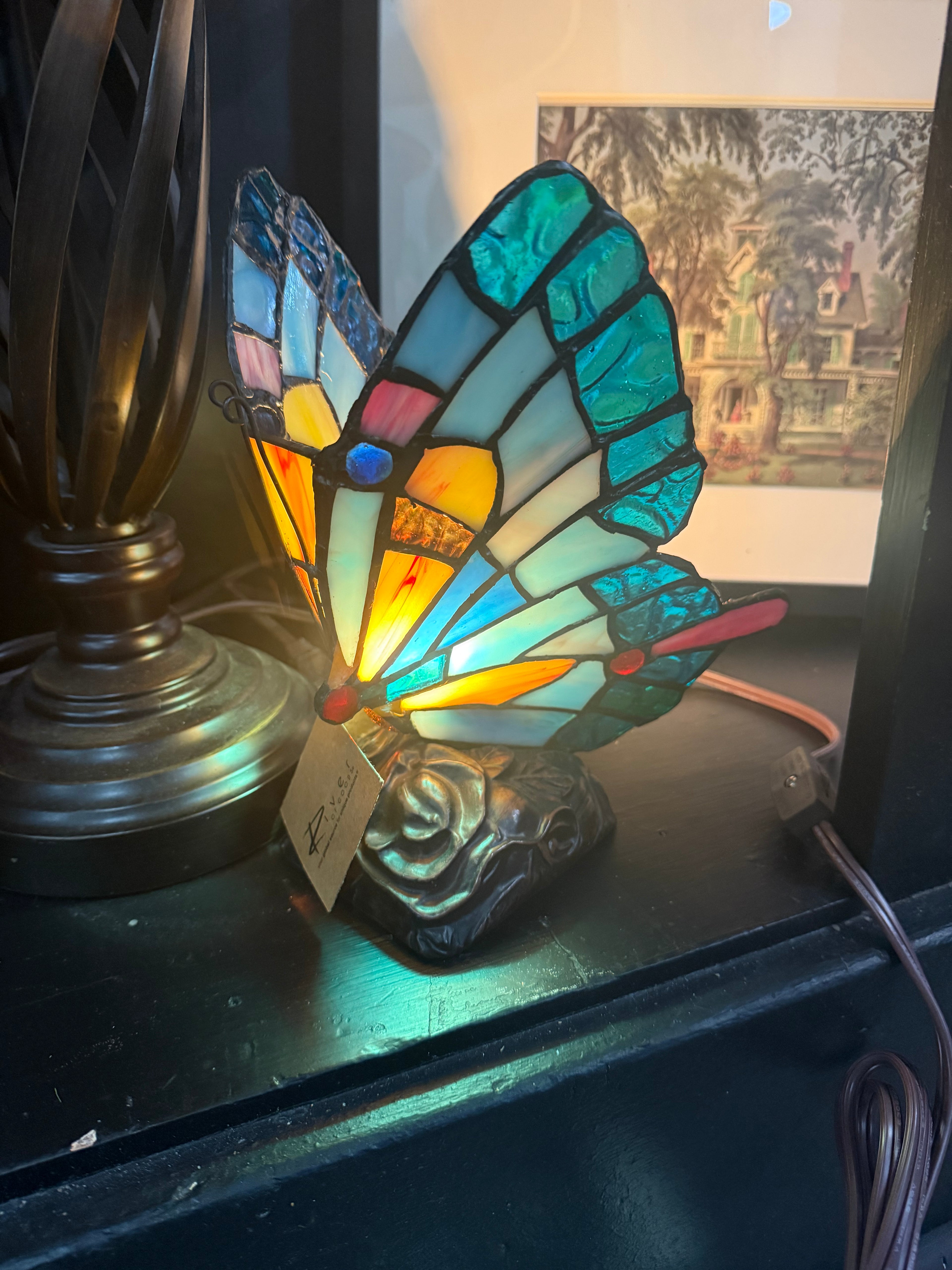 9” Kiara Blue butterfly stained glass lamp