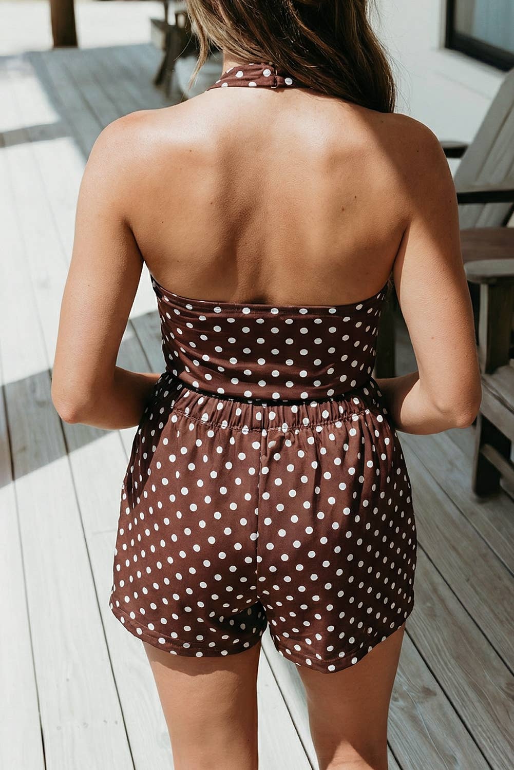 Polka Dot Halter Tank Drawstring Shorts Lounge Set (S-XL): Brown / Missy / S