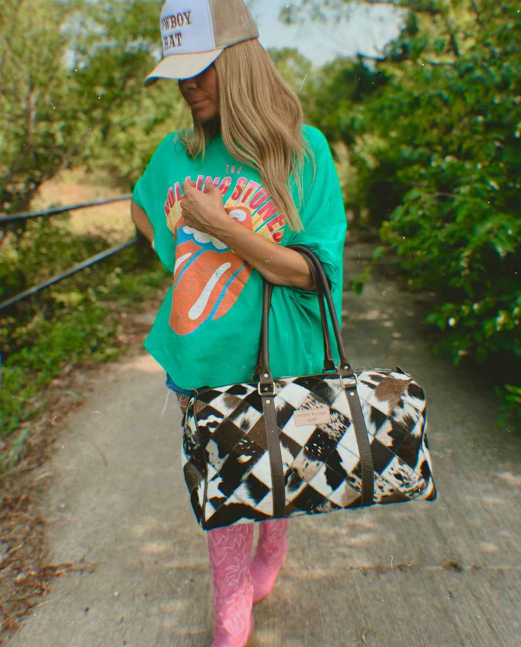 BOHO LUXE DUFFLE Weekender Leather HairOn Cowhide Travel Bag: Black +White Cowhide