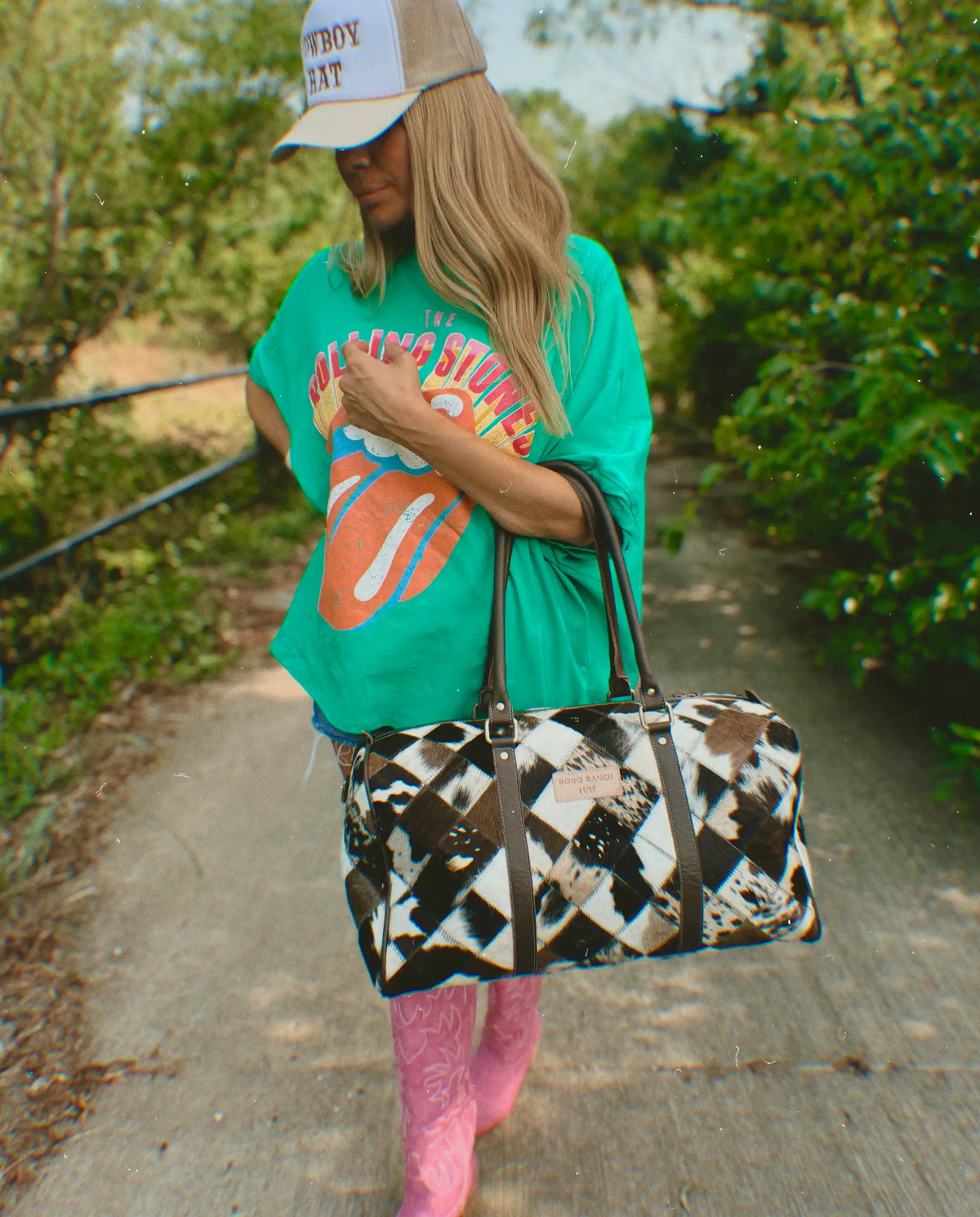 BOHO LUXE DUFFLE Weekender Leather HairOn Cowhide Travel Bag: Black +White Cowhide
