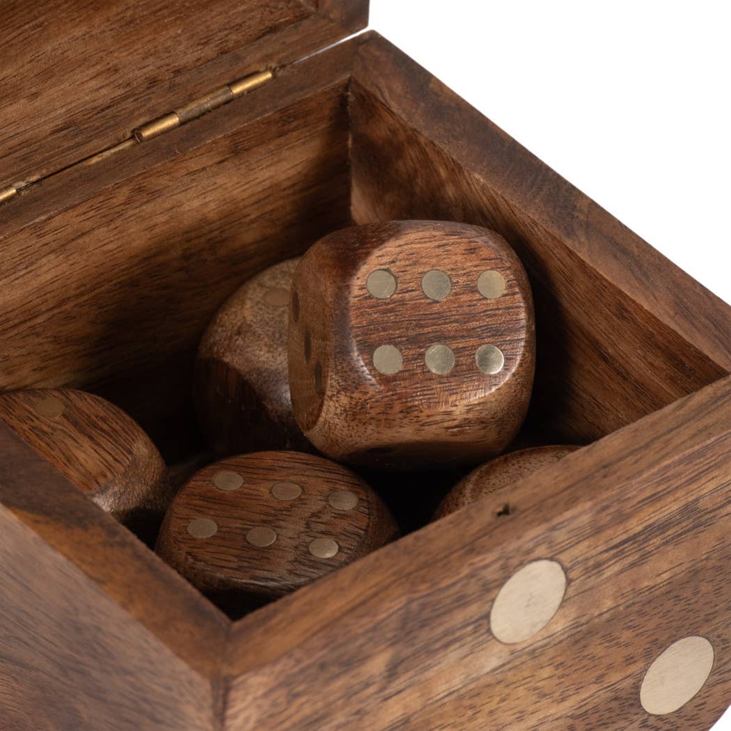 Box Game Set - Brown Mango Wood Dice-Shaped Storage, 4 in.