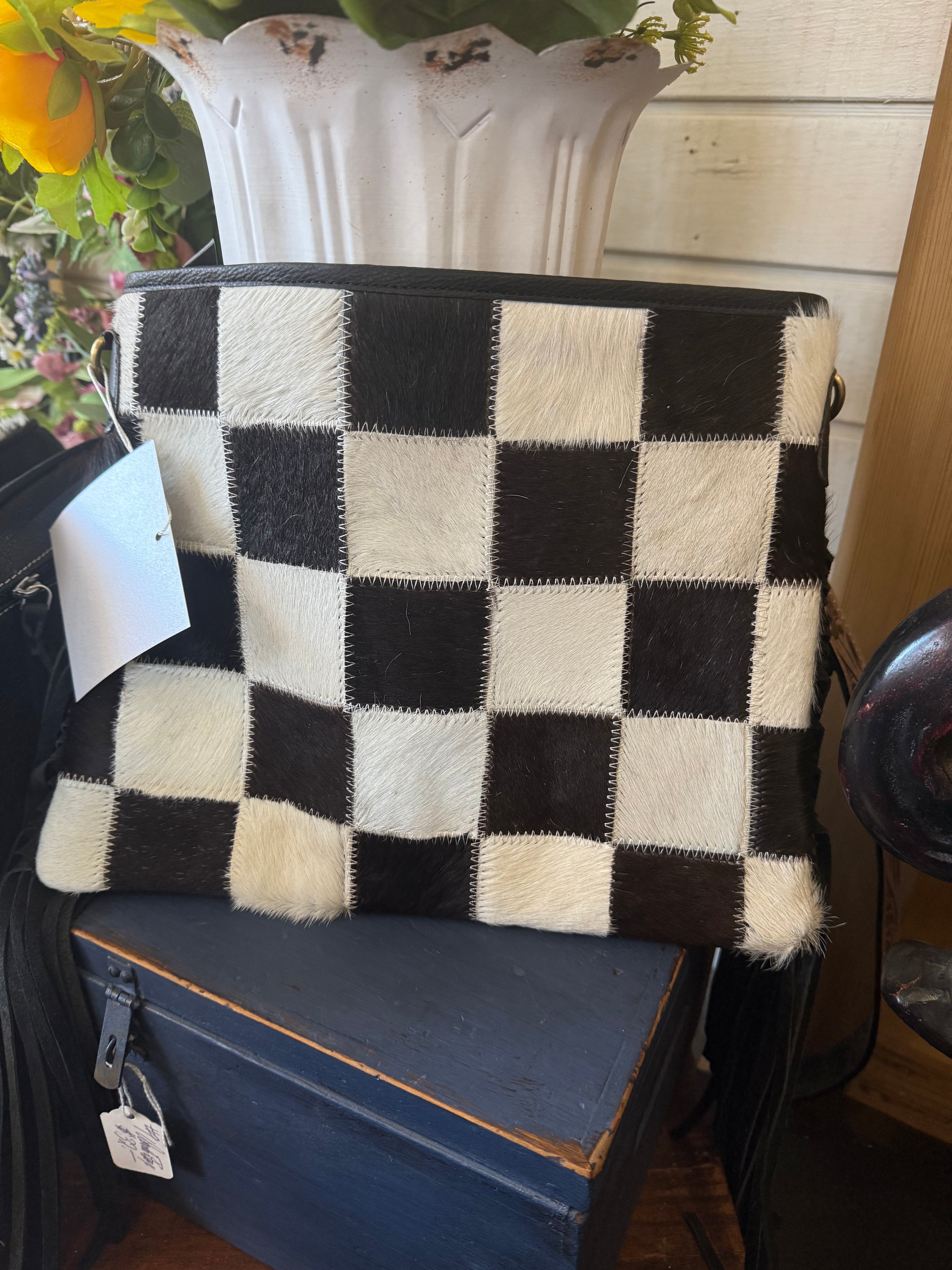 Rodeo square cowhide checkered purse
