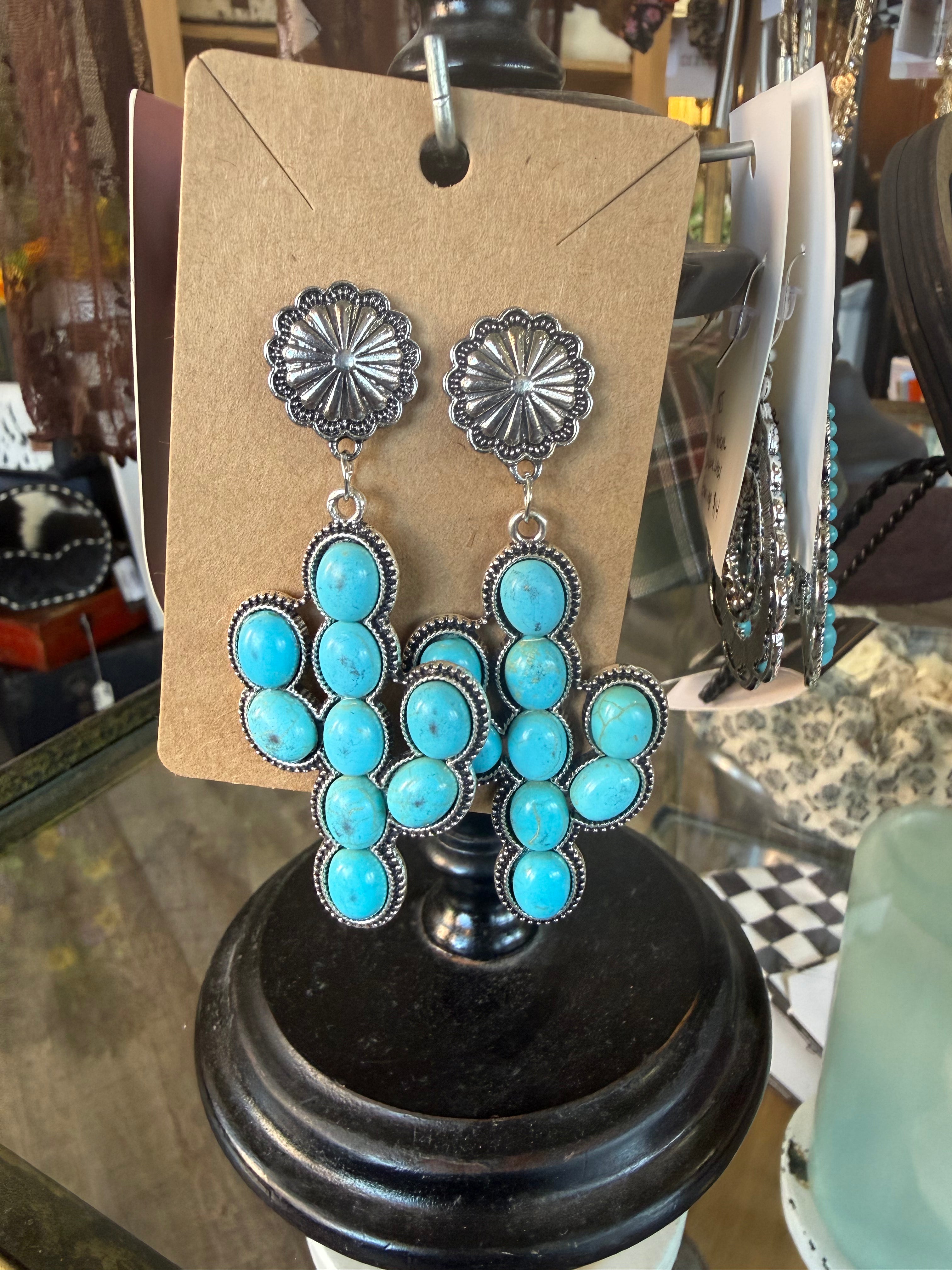 KJ large cactus turquoise earrings
