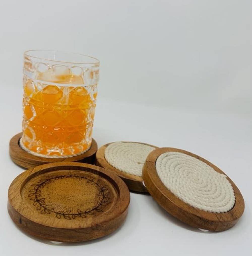 Wooden Coaster Set with Cord – Rustic Tabletop Décor