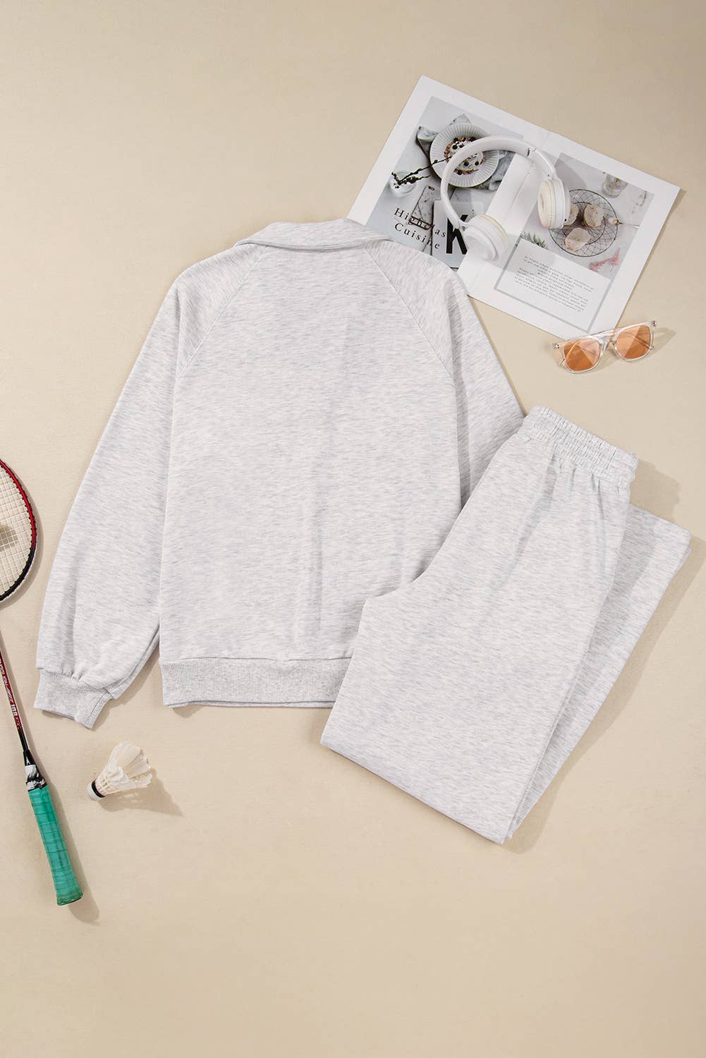 Polo Collar V Neck Pullover and Drawstring Sweatpants Set: Light Grey / M