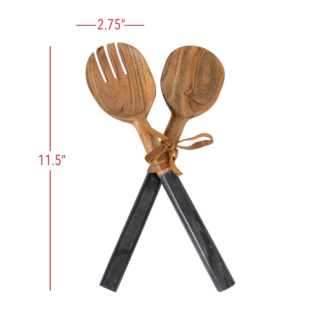 Louisa Set 2 Serving Wood Utensils Black Marble Handles