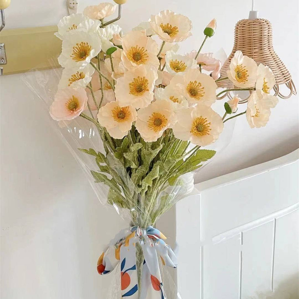22'' Single Flocked Floral Poppy Spay, Colorful Silk Poppies: White