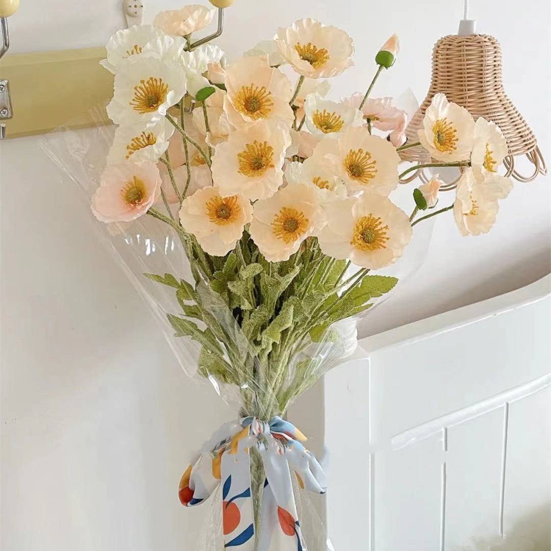 22'' Single Flocked Floral Poppy Spay, Colorful Silk Poppies: White