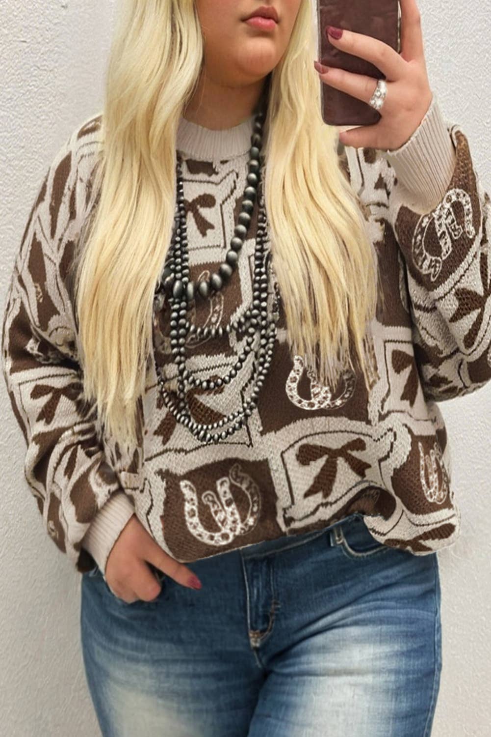 66 Bows Horseshoes Pattern Western Plus Size Sweater (S-4X): Black / L