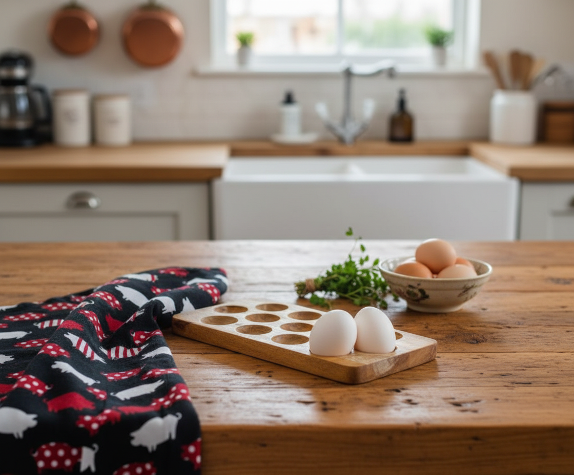 Wooden Egg Holder with Pig Kitchen Towel Set
