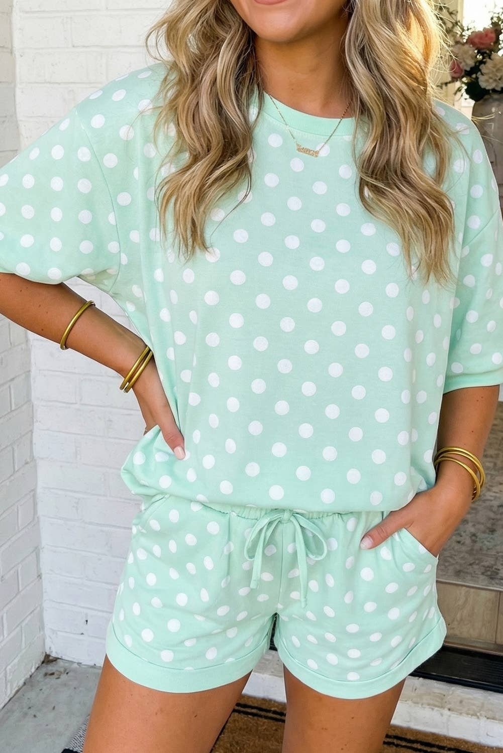 LAS Polka Dot Print Top Drawstring Shorts Set (S-XL): Sky Blue / Missy / XL