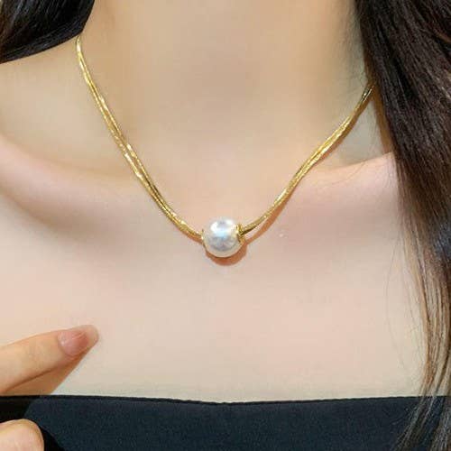 STAINLESS STEEL NON-TARNISH PEARL NECKLACE | 40NK9689: GOLD