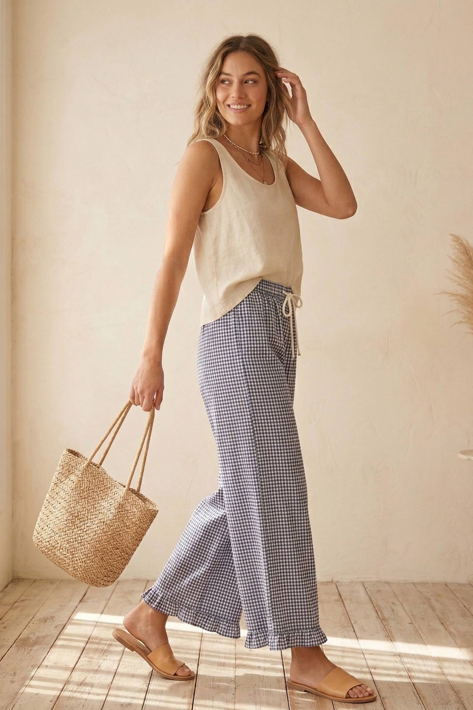 Checkered Gingham Fully Lined Pants: RED / S