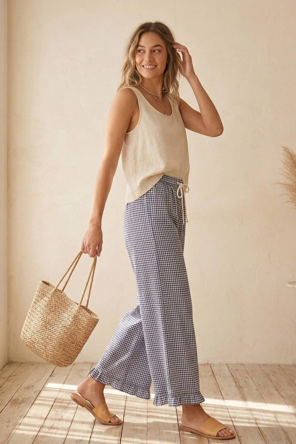 Checkered Gingham Fully Lined Pants: RED / M