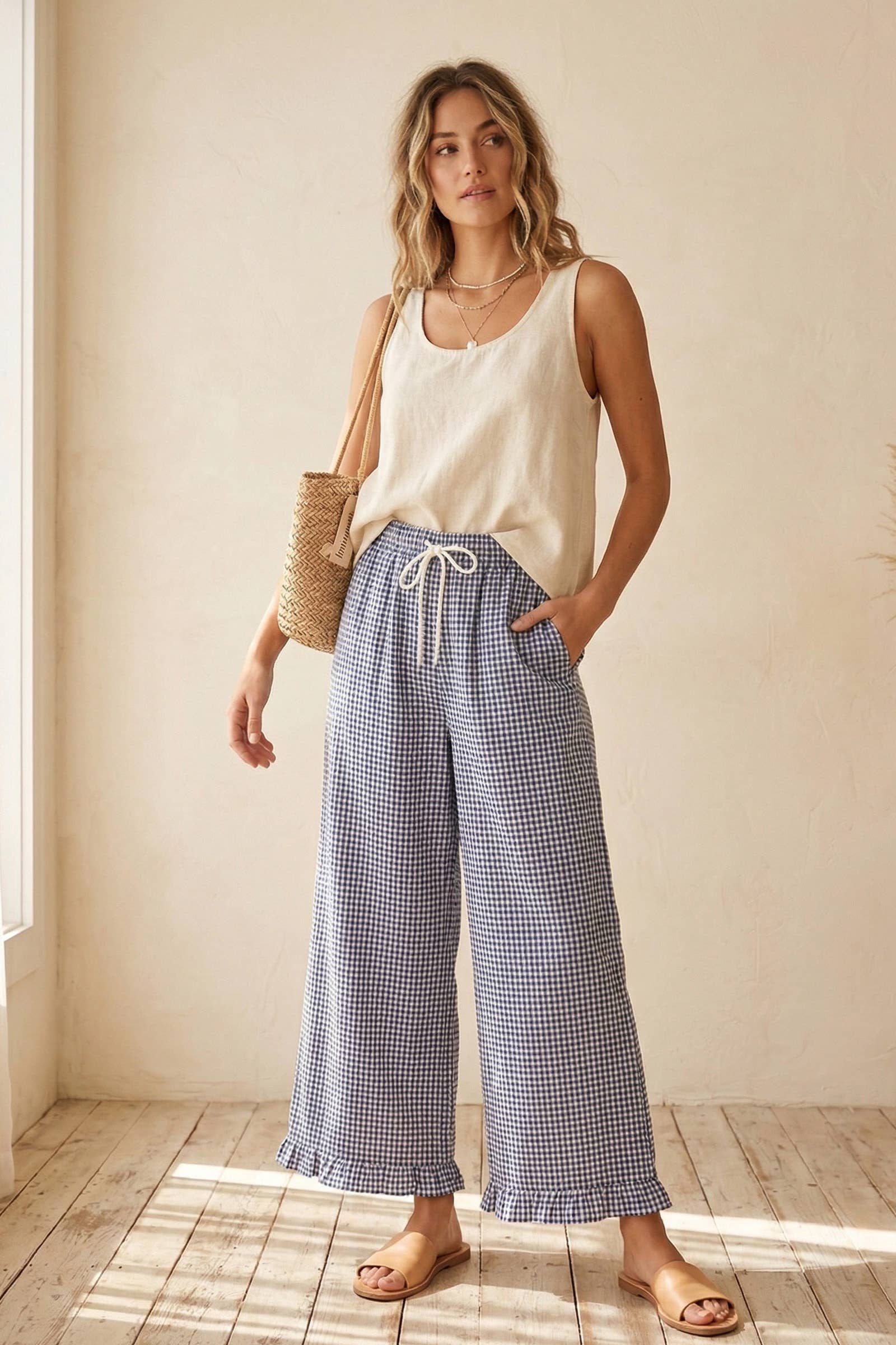 Checkered Gingham Fully Lined Pants: RED / S