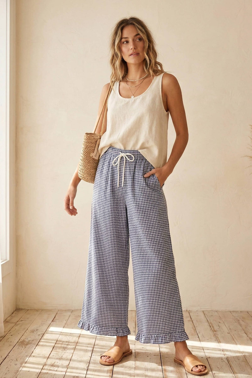 Checkered Gingham Fully Lined Pants: RED / L