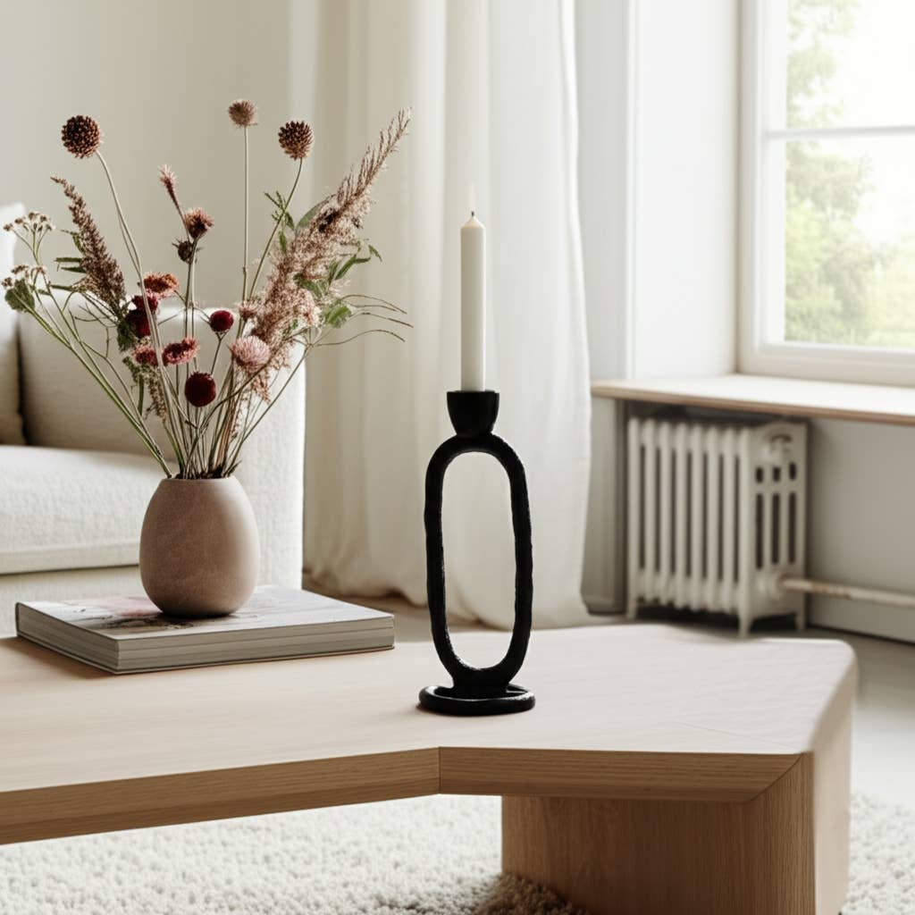 Metal Oval Sculpture Taper Candle Holder - Black, 8 in.
