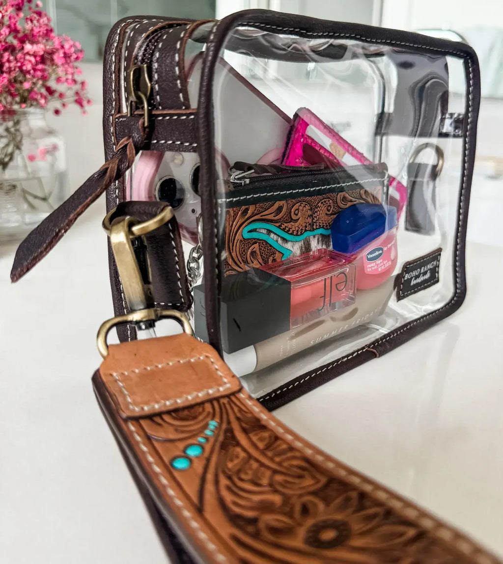 DARLA CLEAR WRISTLET | transparent western purse - game day : BROWN
