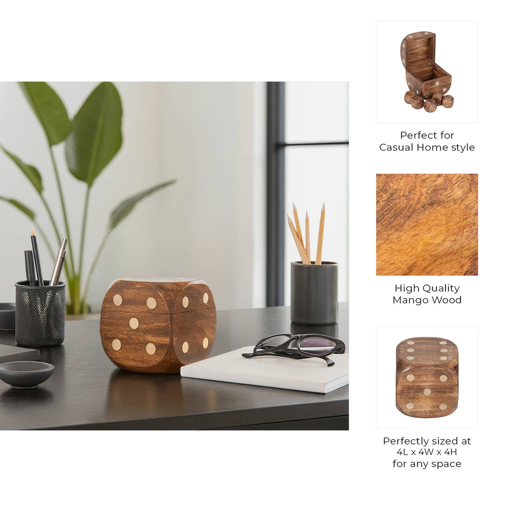 Box Game Set - Brown Mango Wood Dice-Shaped Storage, 4 in.