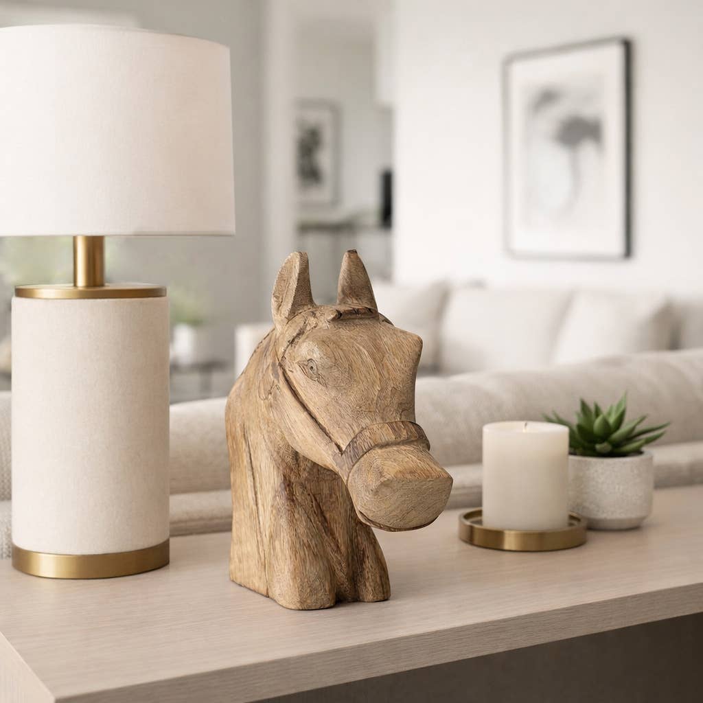 Figurine - Brown Wood Modern Handcrafted Horse Head, 11 in.