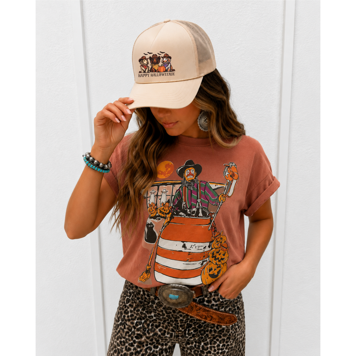 Halloween Rodeo Clown Tee: Clay / L
