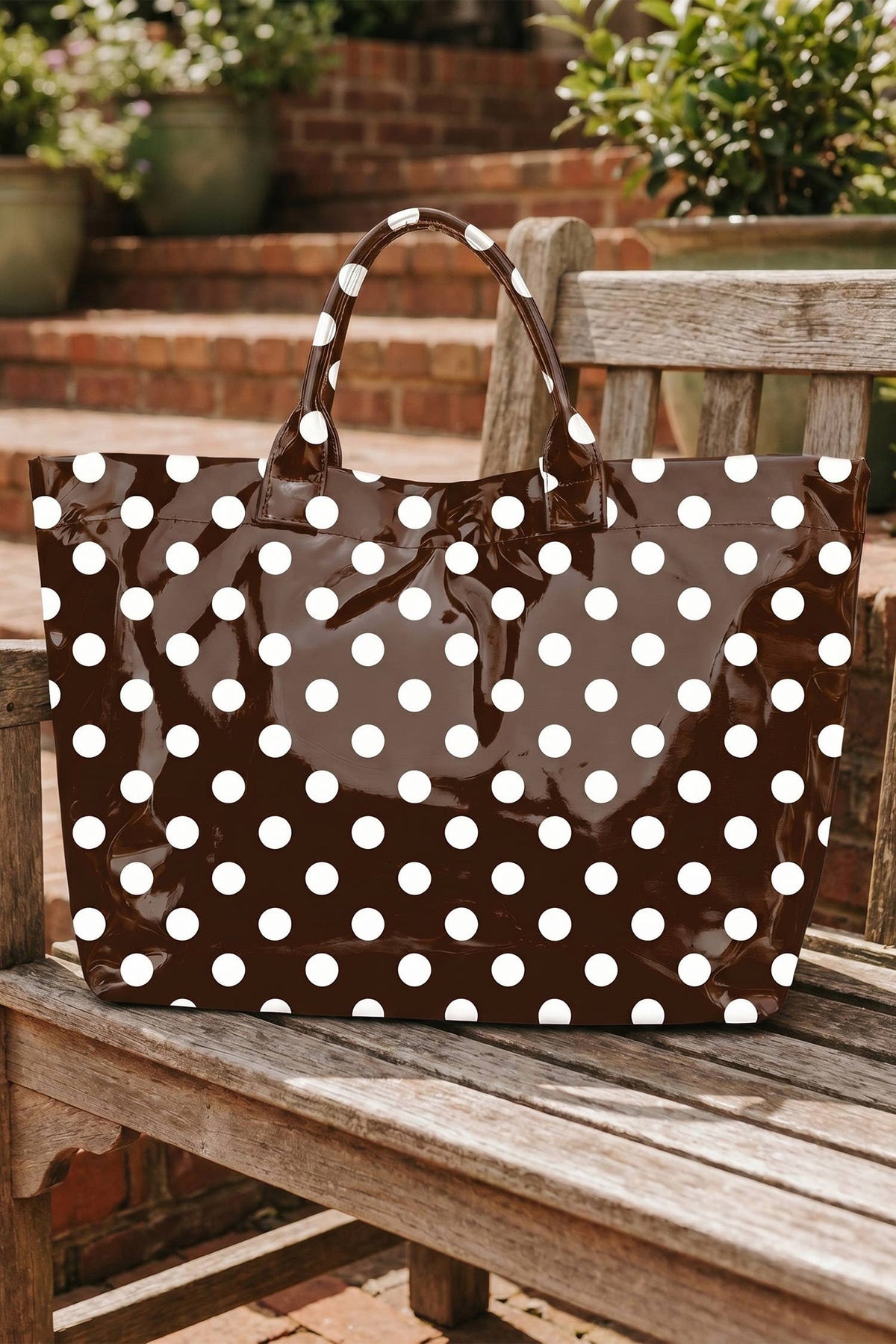 66 Patriotic Stars and Stripes Pattern Vinyl Glossy Tote Bag: Pink / One Size