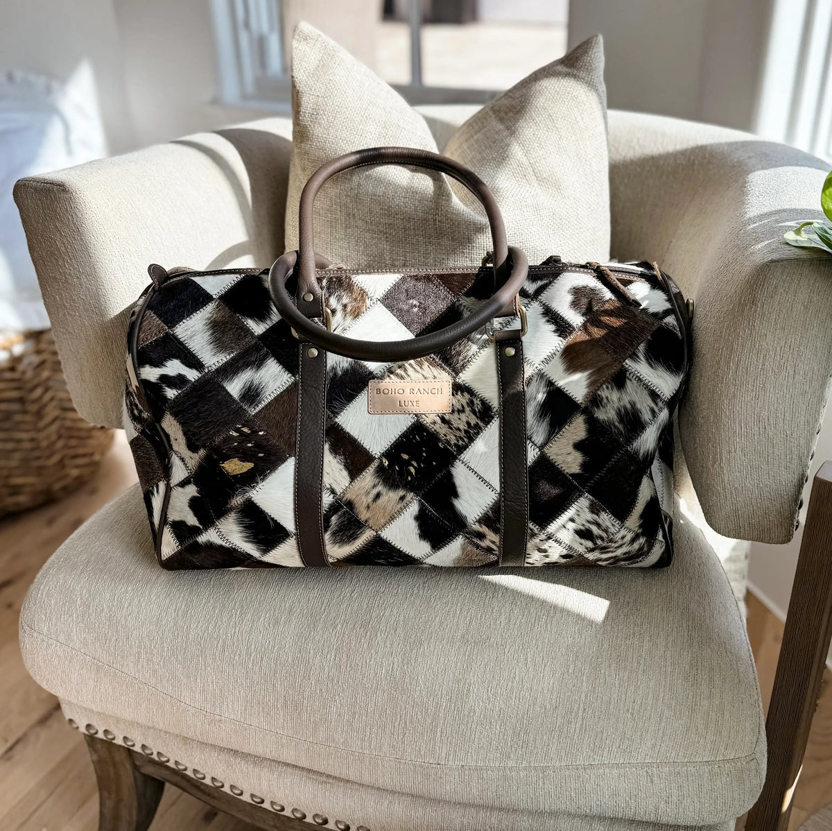 BOHO LUXE DUFFLE Weekender Leather HairOn Cowhide Travel Bag: Black +White Cowhide