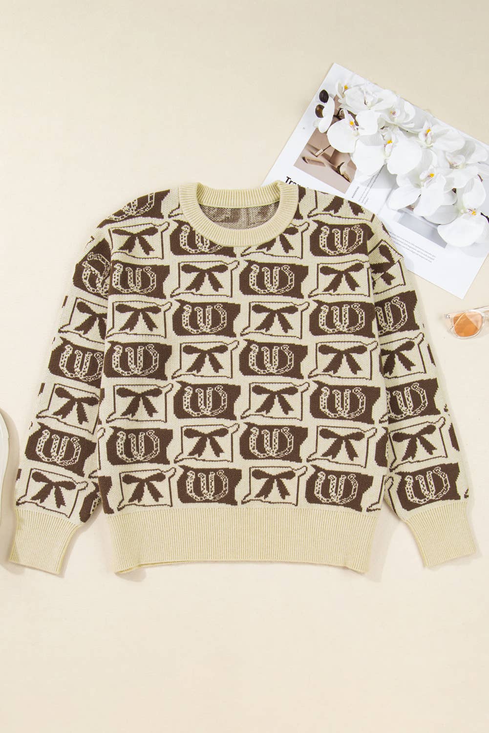 66 Bows Horseshoes Pattern Western Plus Size Sweater (S-4X): Black / L