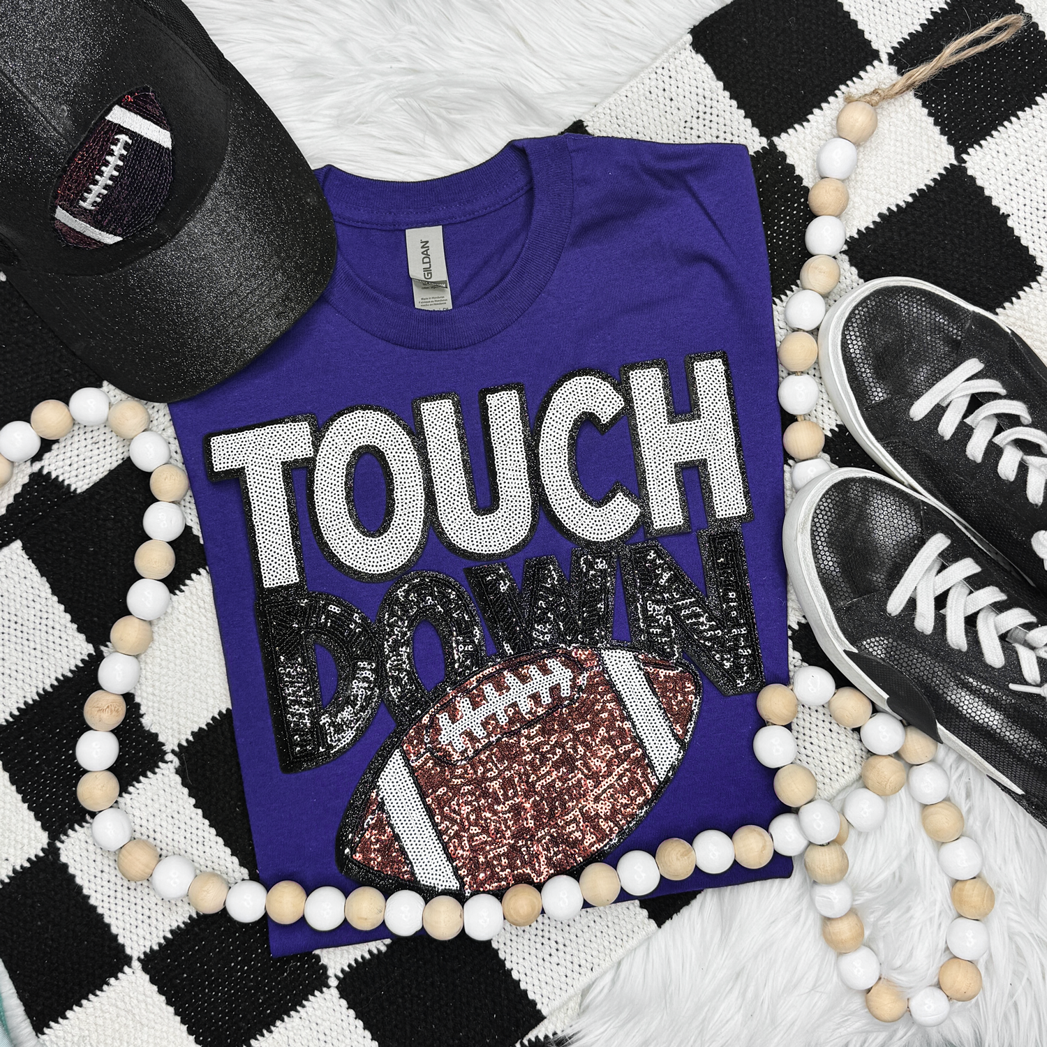 Touchdown With Football Sequin Tee: Red / S