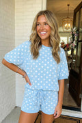 LAS Polka Dot Print Top Drawstring Shorts Set (S-XL): Sky Blue / Missy / L